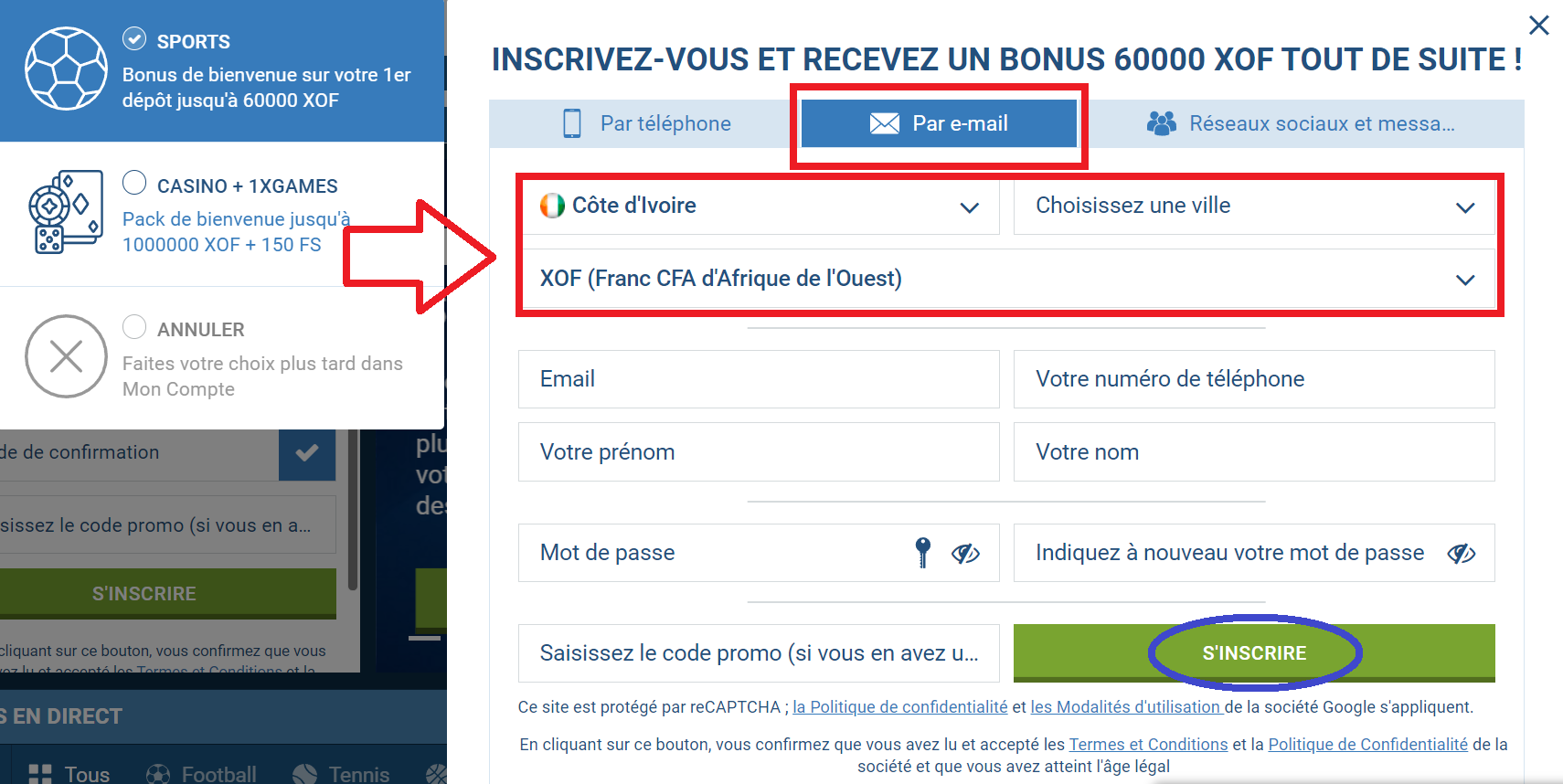 1xbet d’utilisateur via e-mail